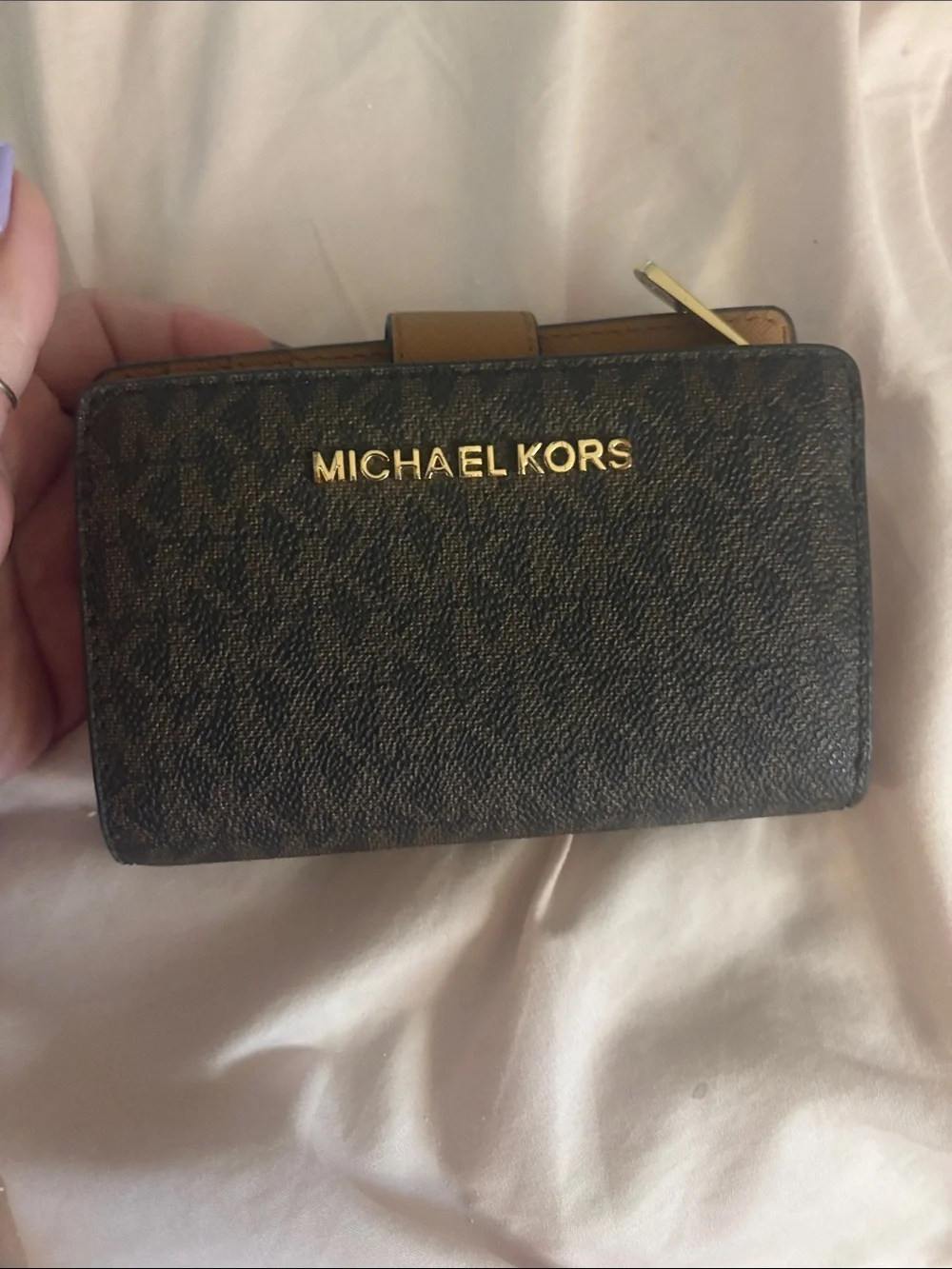 Michael Kors Brown Logo Shoulder Tote with Tan Trim and Gold Hardware